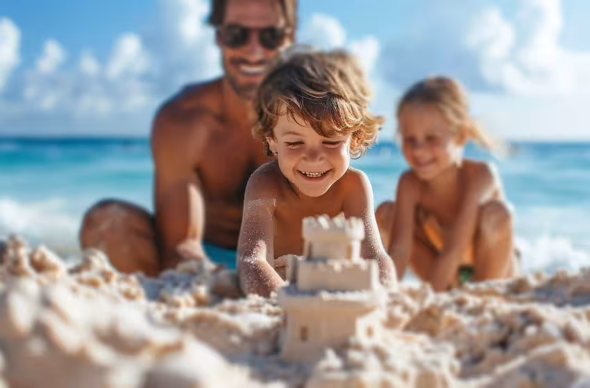 Padre jugando con sus hijos en la playa de arena junto al mar en la zona de Sotogrande