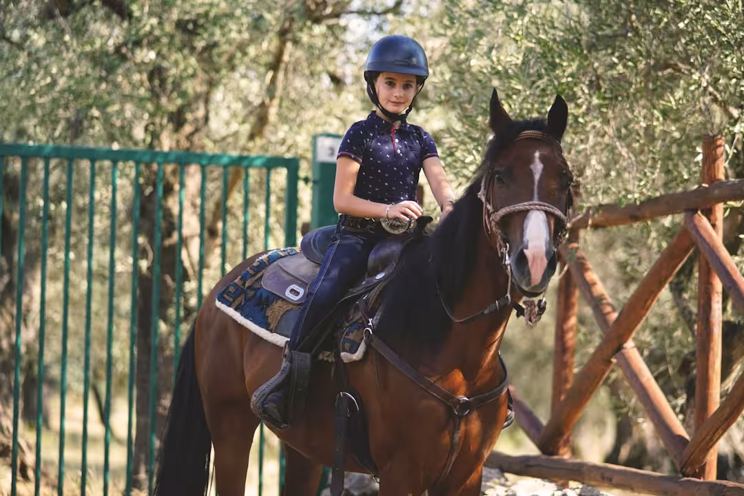 a young girl riding on the back of a brown horse