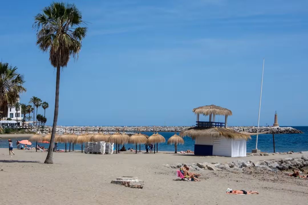 Sunny beach with palm trees, straw umbrellas, and lifeguard stand.