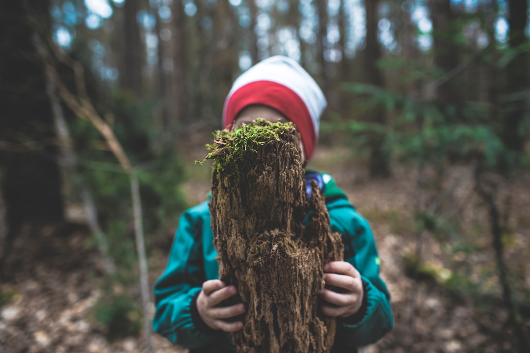 movimiento grueso - Niño explorando un tronco en el bosque, reto motriz natural