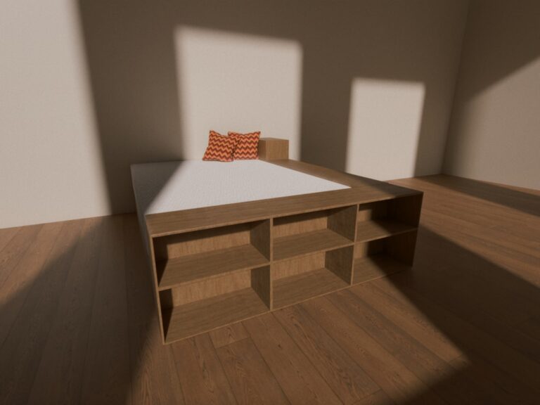 Habitación infantil con cama Montessori baja y estantería accesible